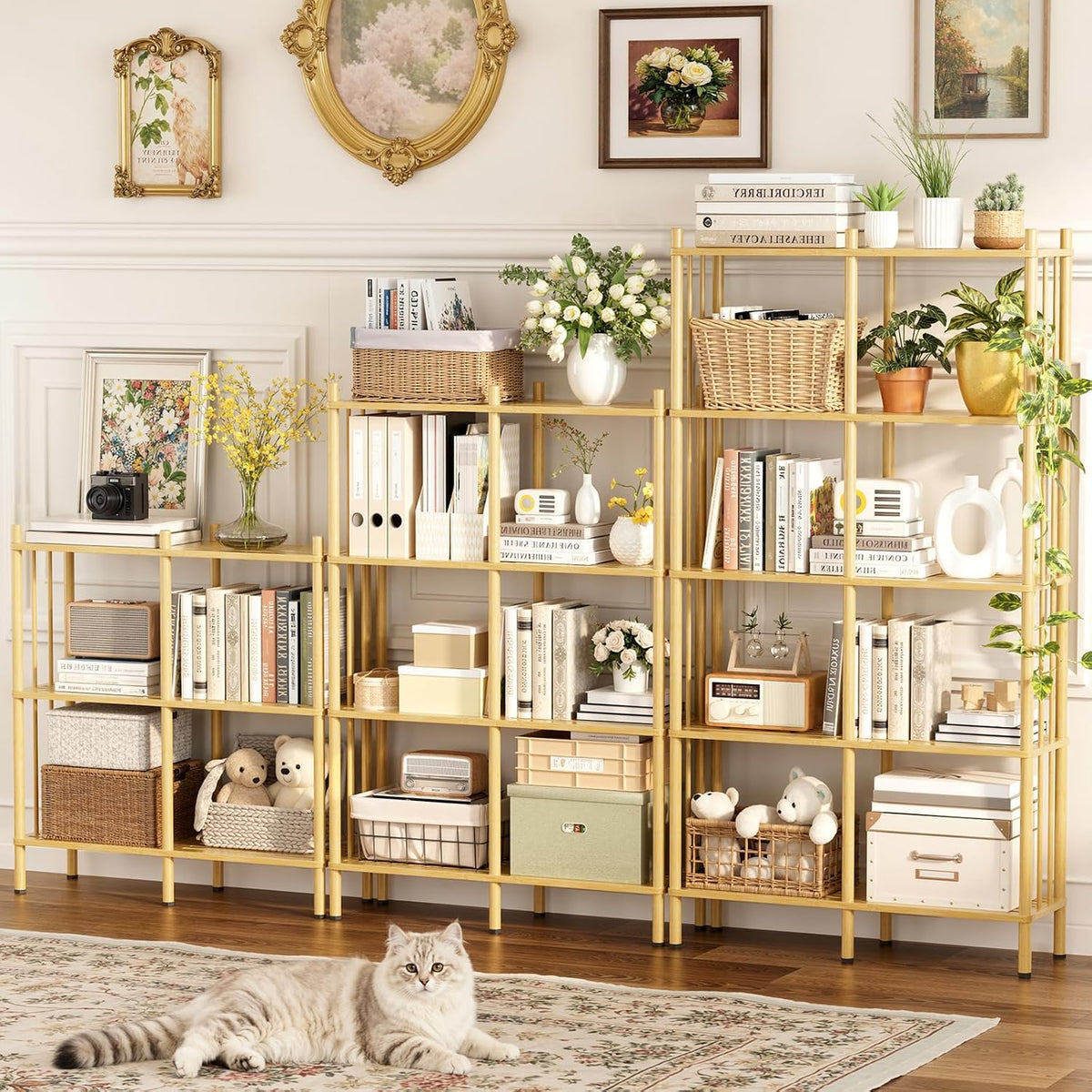 5 Tier Book Shelf, Tall Bamboo Bookcase, Wide Bookshelf with 10 Open Display ...