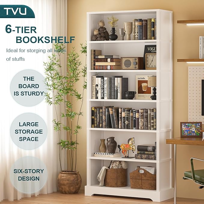 TVU 6-Tier Wooden Bookshelf, 77.2" Tall Farmhouse Style Open Bookcase, 31.5" W - Image 5