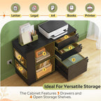 DEVAISE 3 Drawer Lateral Rolling File Cabinet with Lock (Black) | Wood, Charging Station, Open Storage Shelves, Letter & A4 Files, Printer Stand, Home Office