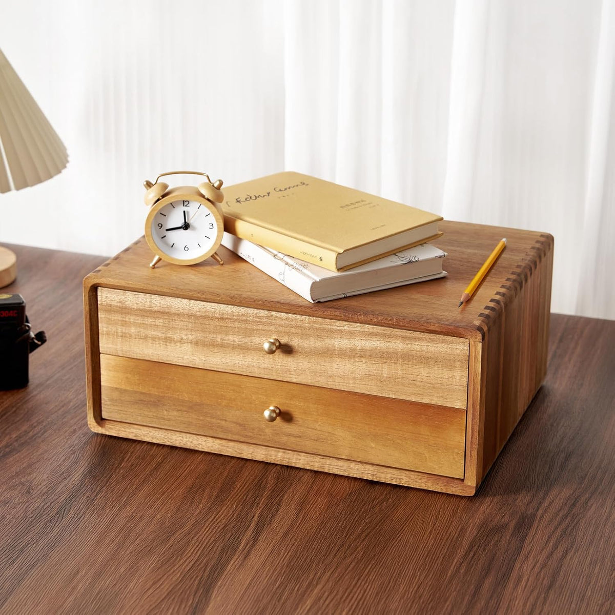 Acacia Wood Desk Organizer with 2 Drawers, Fully Assembled Dovetail Joint Des...