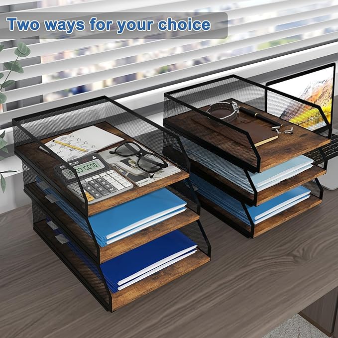 Natwind 3-Tier Stackable Paper Tray, Metal Mesh Desktop Organizer, Wood Board - Image 5