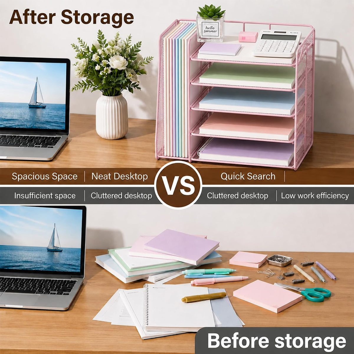 opnice desk organizer, 5-tier paper organizer letter tray shown in use