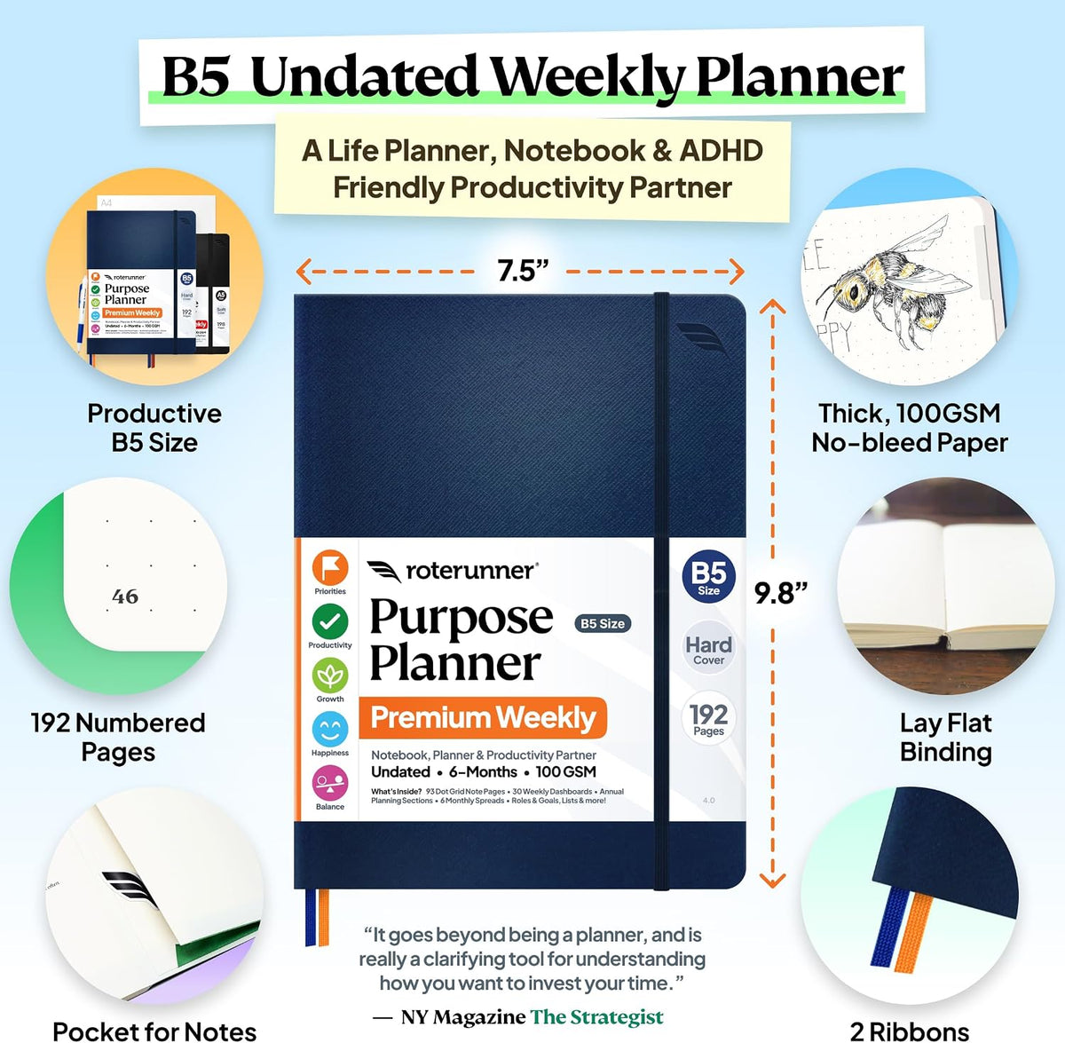Roterunner Purpose Planner Notebook B5 7.5”x9.8” Undated Planner 2026 Daily W...