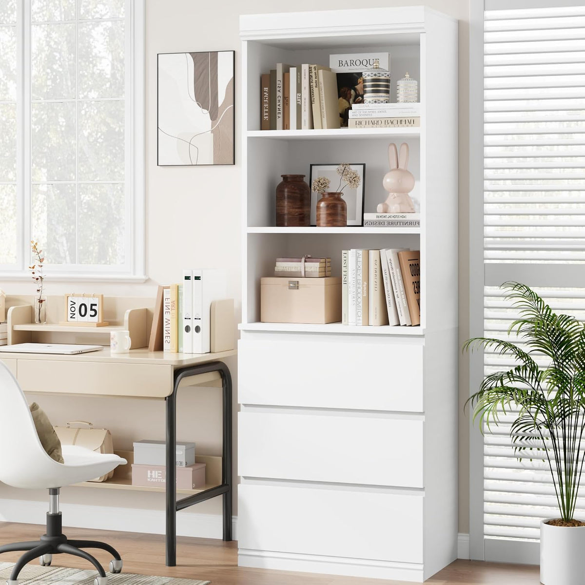 GarveeHome 70 in Bookcase with Drawers, Tall Bookshelf Farmhouse Bookcases Wo...