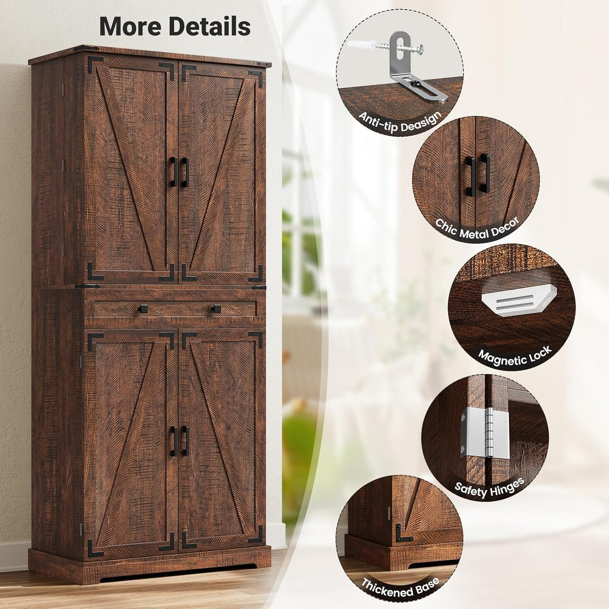 ELYKEN 72" Kitchen Pantry Storage Cabinet with Drawer, 3 Pull Out Shelves