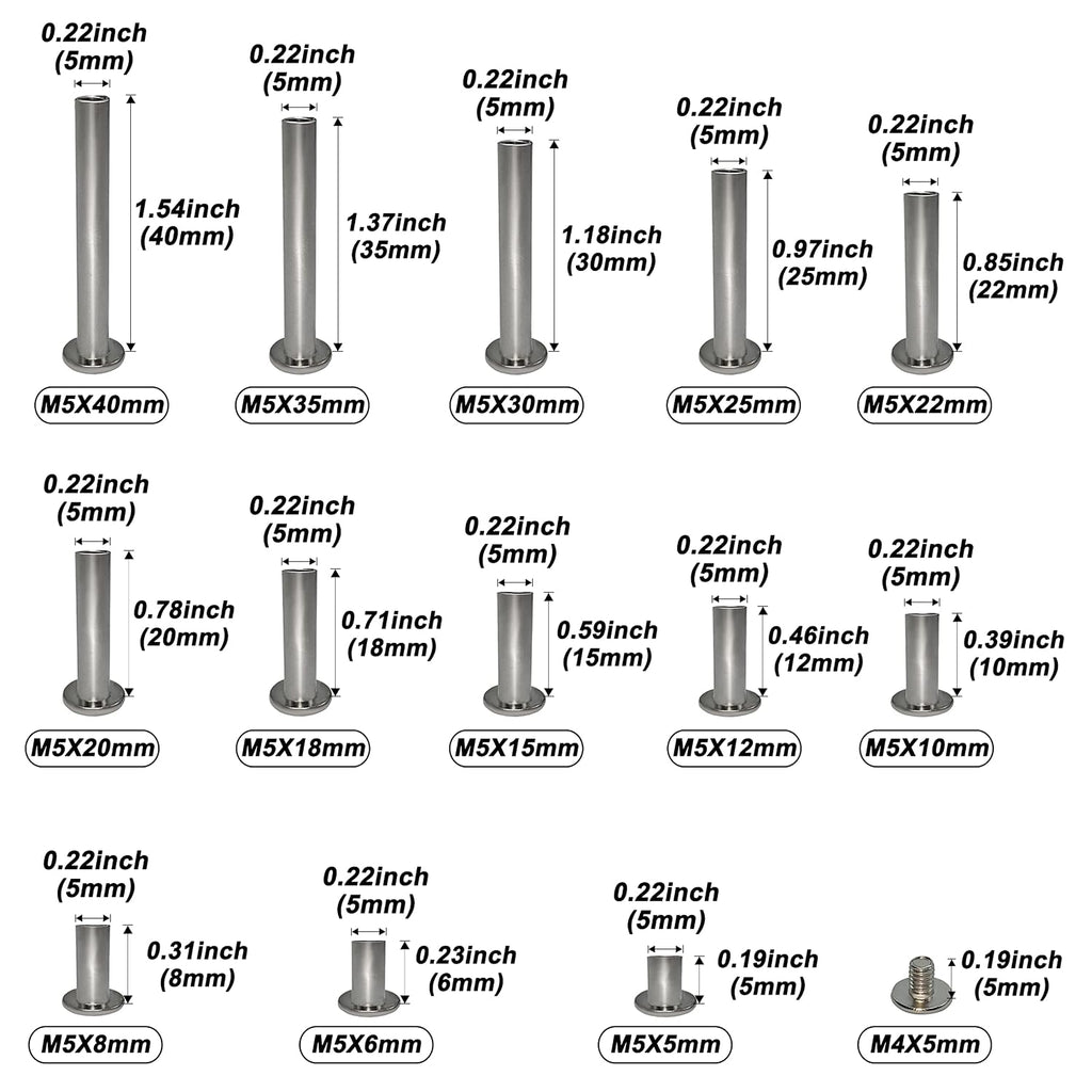 230Pcs(115 Pair) Phillips Chicago Binding Screws Assorted Kit Binding Screw Post Extenders for DIY Leather Decoration Scrapbook Photo Albums M5 x 5/6/8/10/12/15/18/20/22/25/30/35/40mm Silver