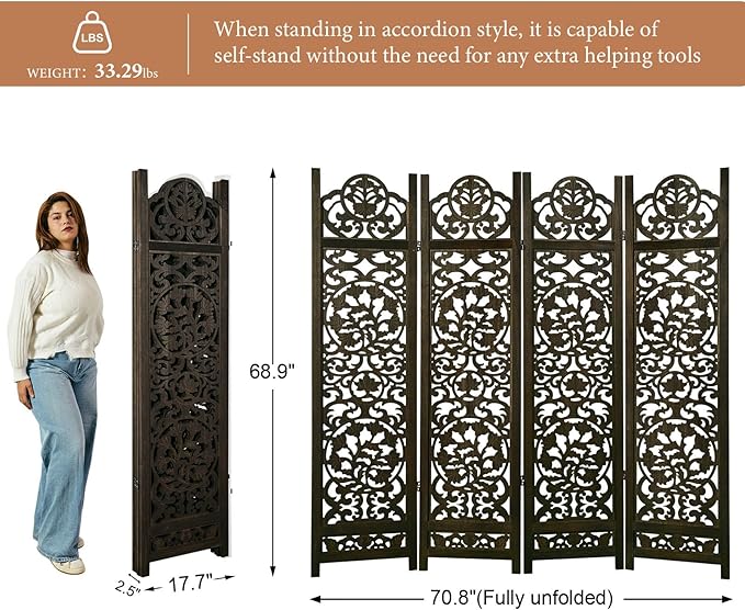 5.75Ft Room Divider Wood Screen, 33Lbs Durable MDF Carved Rustic Style Headboard - Image 5