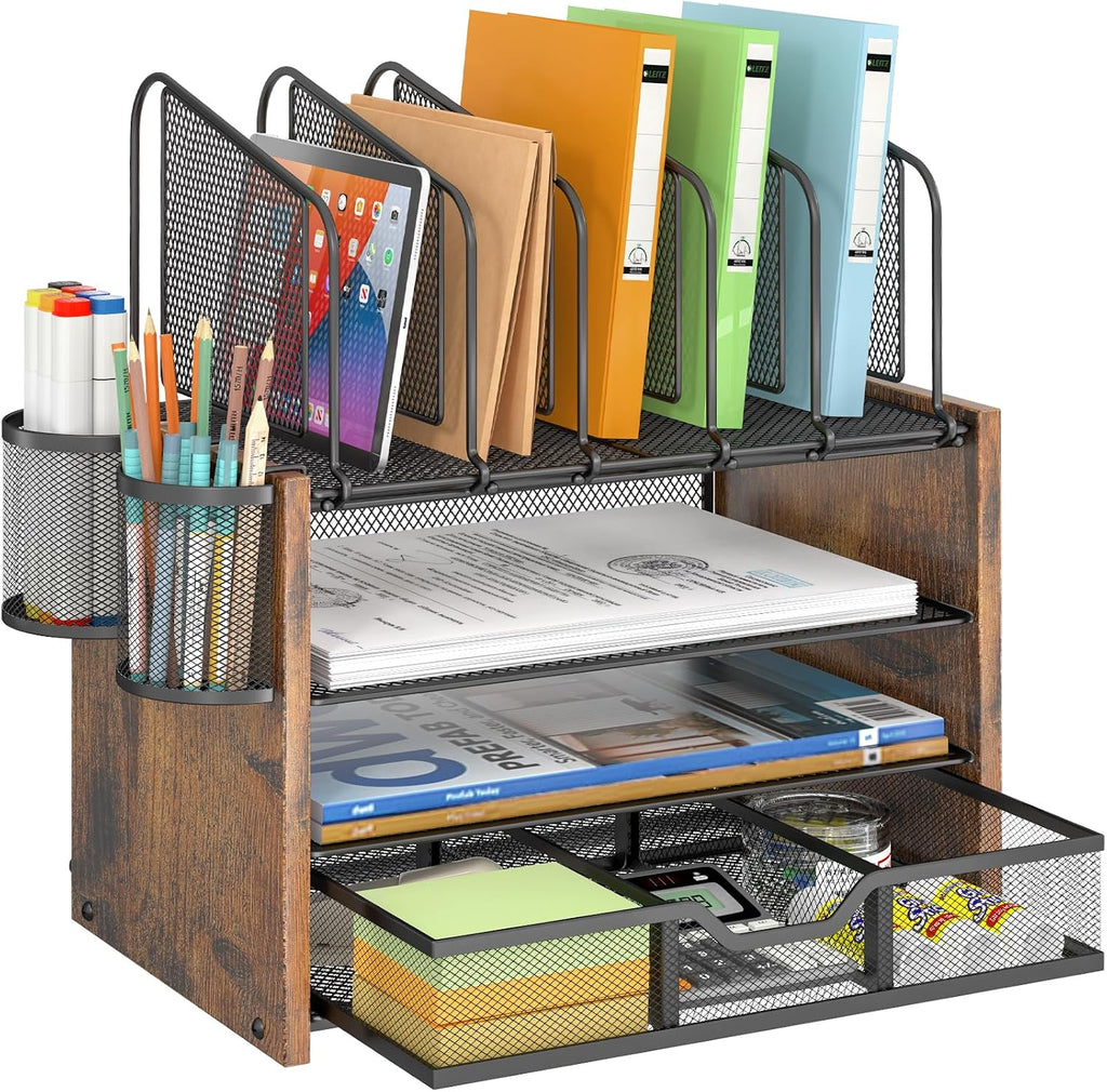 4-Tier Mesh Desk Organizer, Wooden Desk File Organizer