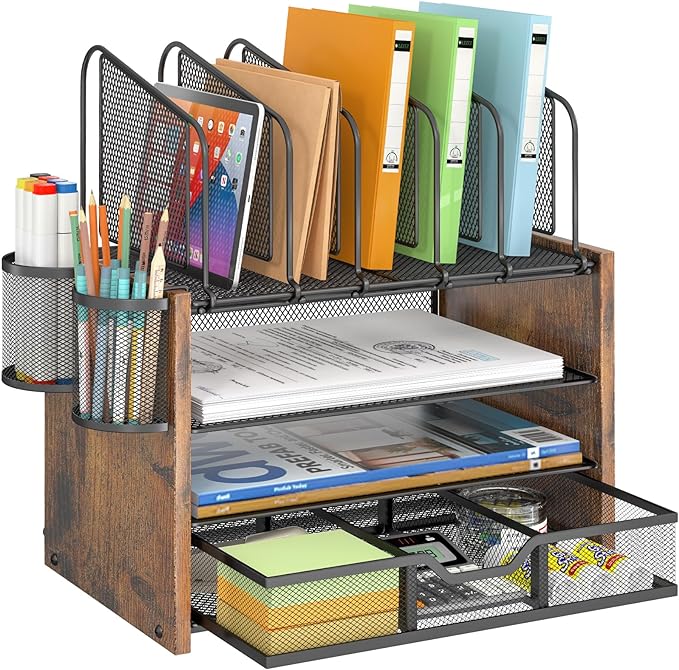 4-Tier Mesh Desk Organizer, Wooden Desk File Organizer by DAOUTIME
