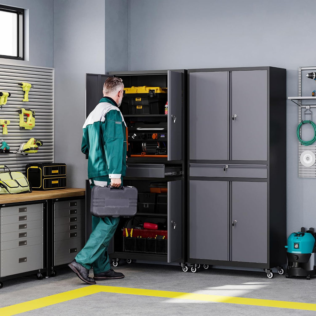 letaya metal garage storage cabinet with wheels,72” rolling shown in use