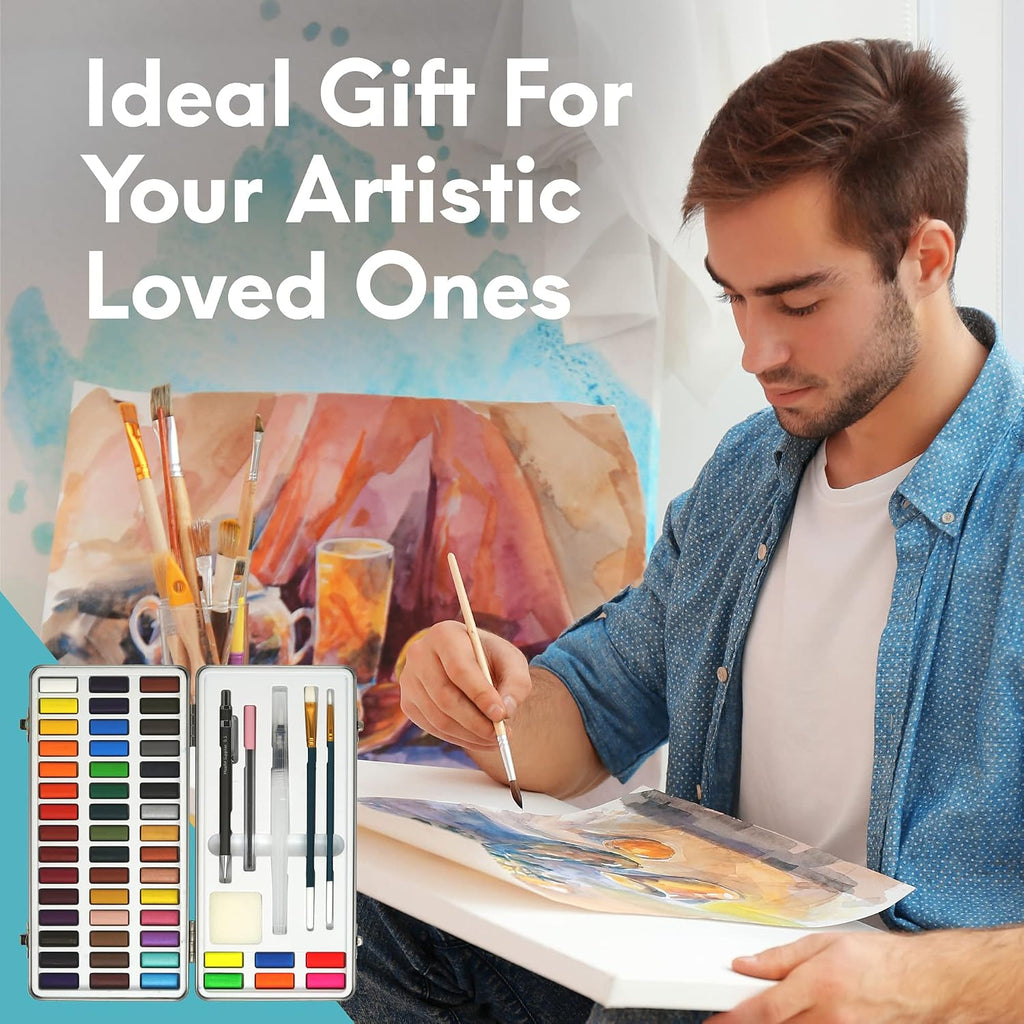 mozart supplies - watercolor paint set 51 vibrant, side view