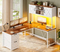 SEDETA Reversible Farmhouse L Shaped Computer Desk with Drawers, Hutch | L Shaped Corner Gaming Desk with LED Light and Storage Shelves for Home Office/Two Person, White