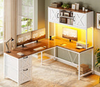SEDETA Reversible Farmhouse L Shaped Computer Desk with Drawers, Hutch | L Shaped Corner Gaming Desk with LED Light and Storage Shelves for Home Office/Two Person, White