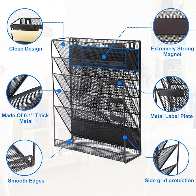 EASEPRES Magnetic File Organizer Mesh 6-Tier, Hanging Wall Mount File Organizer - Image 3