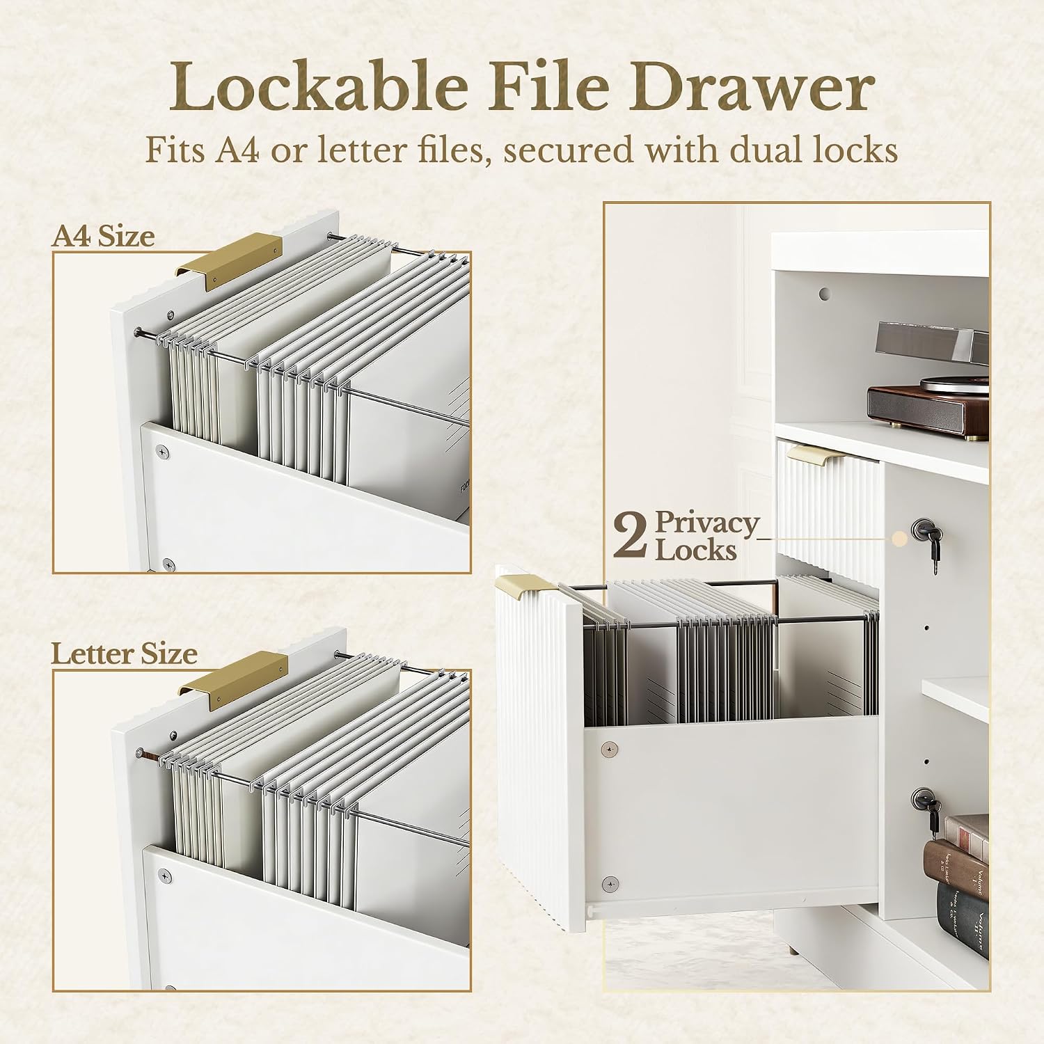 2 Drawer File Cabinet with Lock, Filing Cabinet for Home Office | Wood Fluted Lateral File Cabinet for Letter/A4 Size, Print Stand, AC/USB, Open Storage Shelves, 1.18'' Top, White