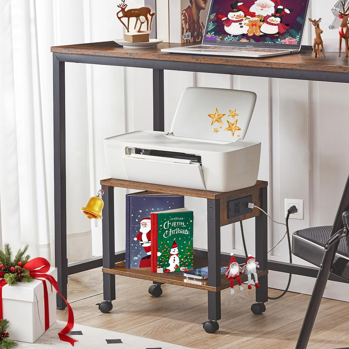 HOOBRO 2-Tier Printer Stand with Charging Station, Under Desk Printer Table, ...