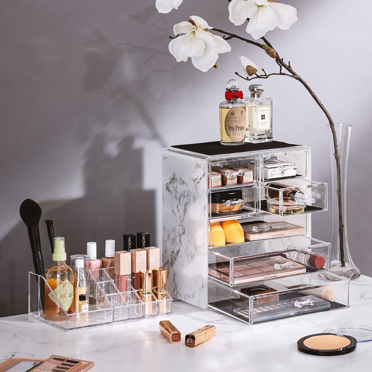 Sorbus Makeup Organizer, 7-Drawer Acrylic 2-Piece Set (Marble Print)