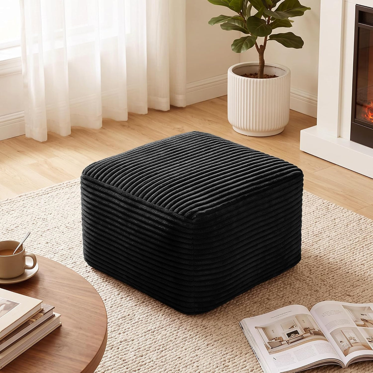 Boneless Ottoman, 27.6" Corduroy Ottoman Footrest for Boneless Couch, Black