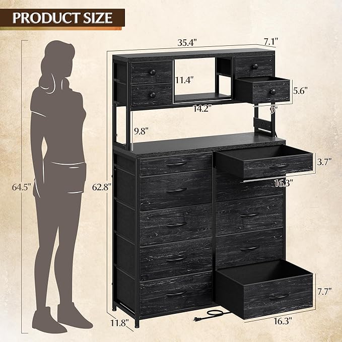 EnHomee Black Dresser with Multiple Fabric Drawers, Dresser - Image 3