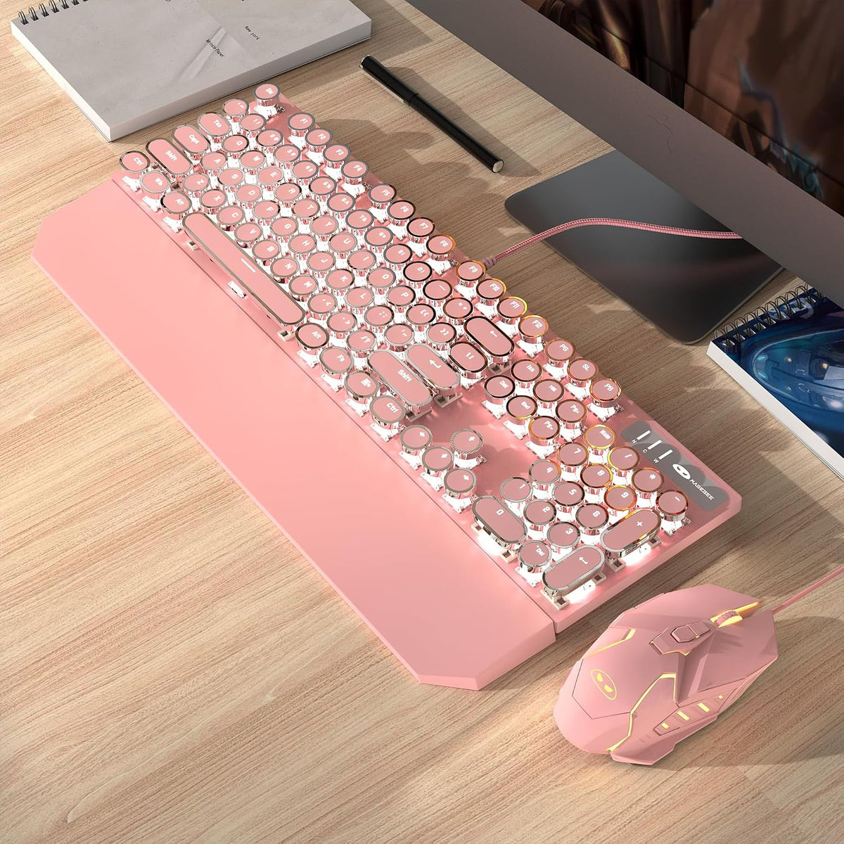 Typewriter Mechanical Gaming Keyboard and Mouse Combo, Retro Punk Round Keyca...