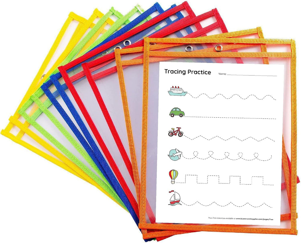 10 Dry Erase Pockets, Oversize 10 Inch x 13 Inch Pockets, Perfect for Classroom Organization, Reusable Dry Erase Pockets, Teaching Supplies, Multi-Color, 10 Pack