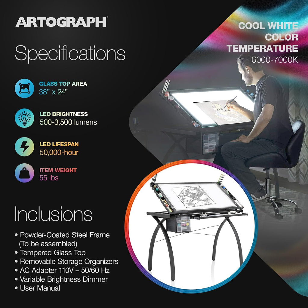 Artograph Futura Light Tracing Table for Artists with Storage and Adjustable Stand, Dimmable Night Glass Work Top