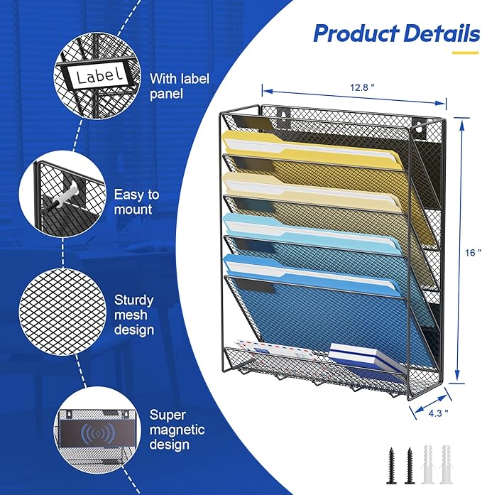 samstar Magnetic Wall File Holder, 6-Tier Hanging Wall File Organizer Wall - Image 3