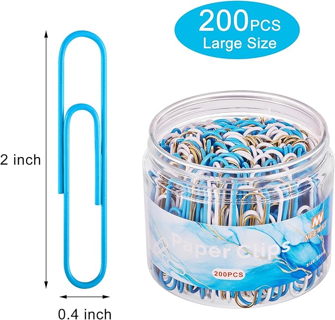 NEEWAY 200pcs Large Blue Paper Clips, 2 Inch Jumbo Paper Clip, Ceative Colored - Image 2