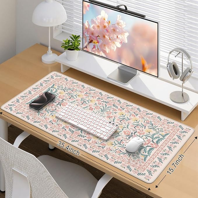 iCasso Pink Floral Desk Mat, Desk Pad, XXL Large Mouse Pad, Anti-Slip Big - Image 2
