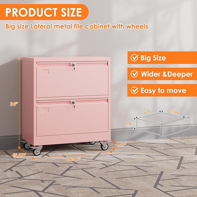 METAN Upgrade 2 Drawers Lateral File Cabinet on Wheels, Steel Office Filing - Image 2