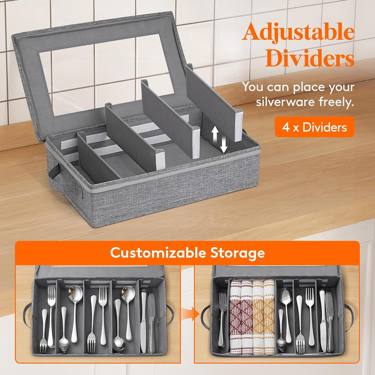 Lifewit Silverware Storage Box, Covered Flatware Organizer with Zipper Lid