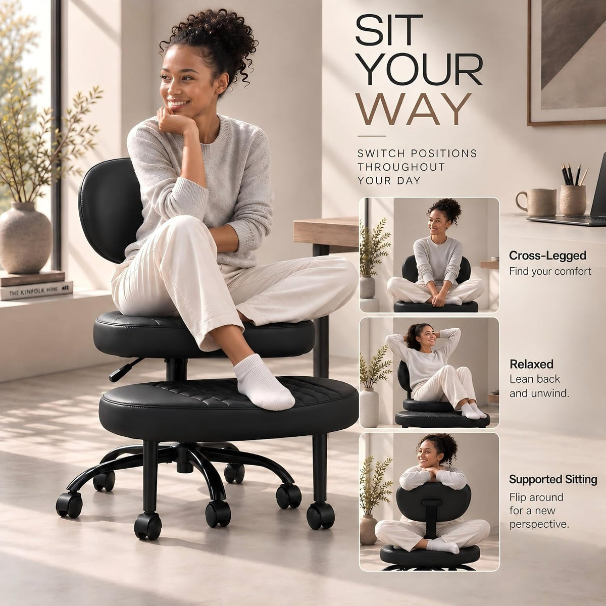 AtHope Cross Legged Office Chair, ADHD Chair with Wider Footrest and Wheels
