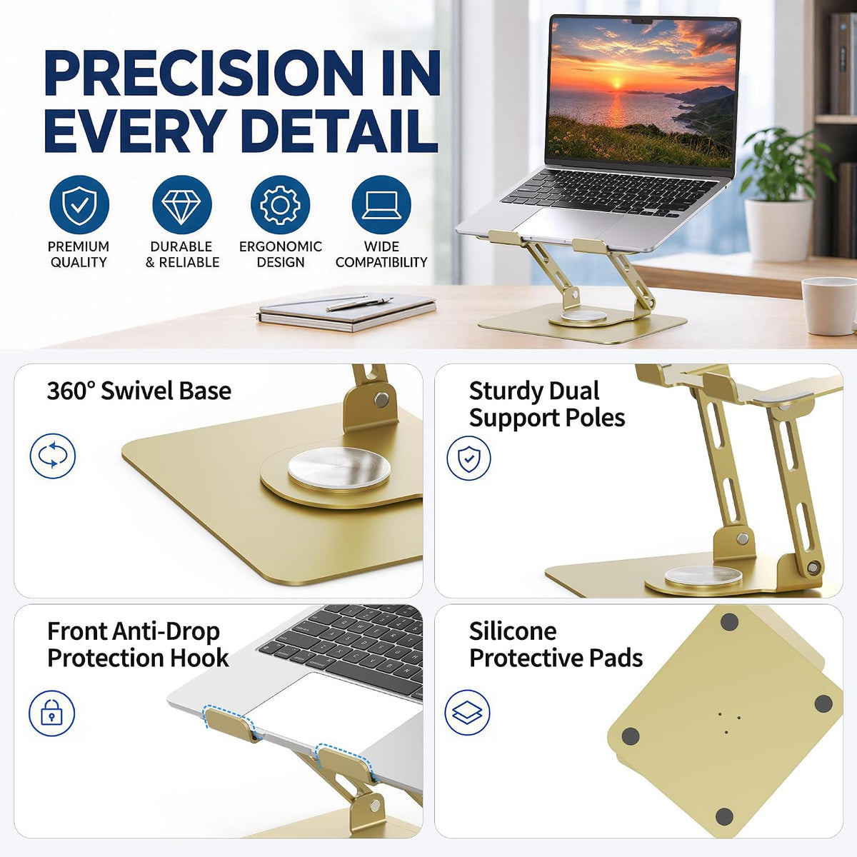 SOUNDANCE 360 Rotating Laptop Stand, Adjustable Riser,10-17", Gold