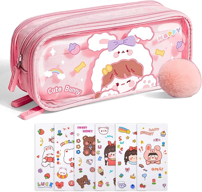 UINSUE Cute Pen case Adorable Bunny Transparent 3-Layer Large Capacity Pencil by Unknown