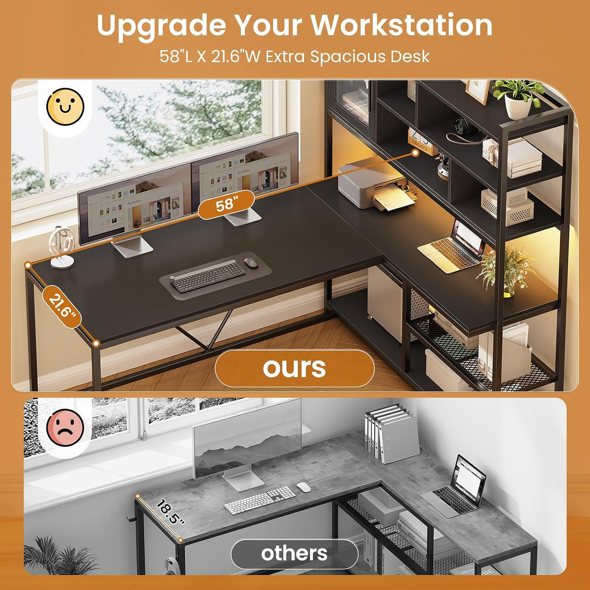 SEDETA L Shaped Computer Desk with Storage Shelves and Bookshelf, Black