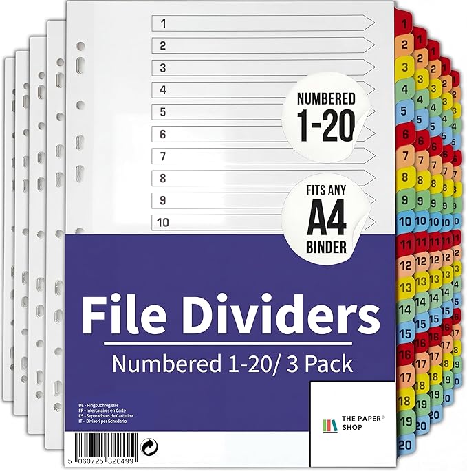 Binder Dividers with Tabs 1-20 Numbered – A4 | Dividers by ThePaperShop