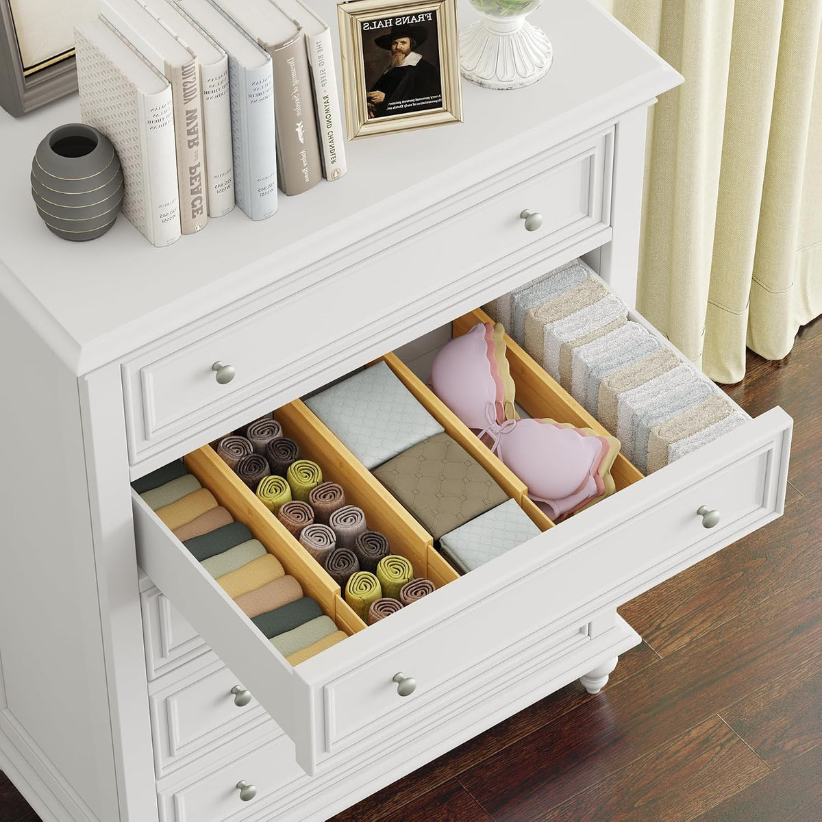 BAMEOS Bamboo Expandable Drawer Dividers – Fits 16.65"–22" Drawers,...