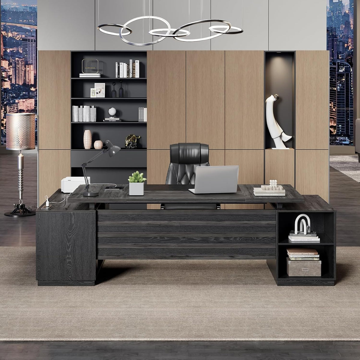 Epecoya L Shaped Desk with Drawers and Open Shelf 78-Inch, Grey Black
