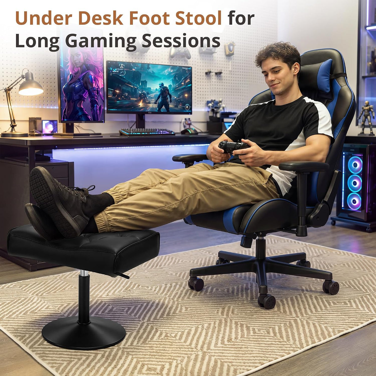 LUE BONA Adjustable Office Foot Rest Under Desk, Vanity Saddle Stool, Black