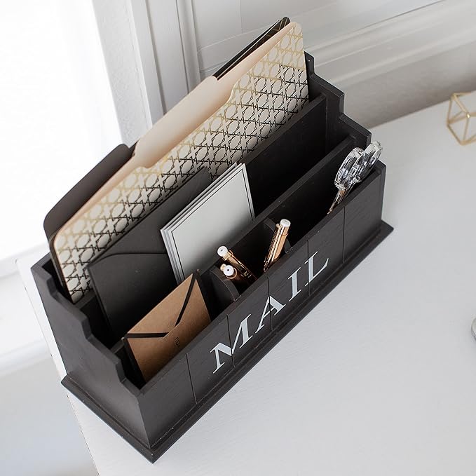 BLU MONACO Espresso Brown Wooden Mail Organizer | 3-Tier Rustic Desktop Mail - Image 5