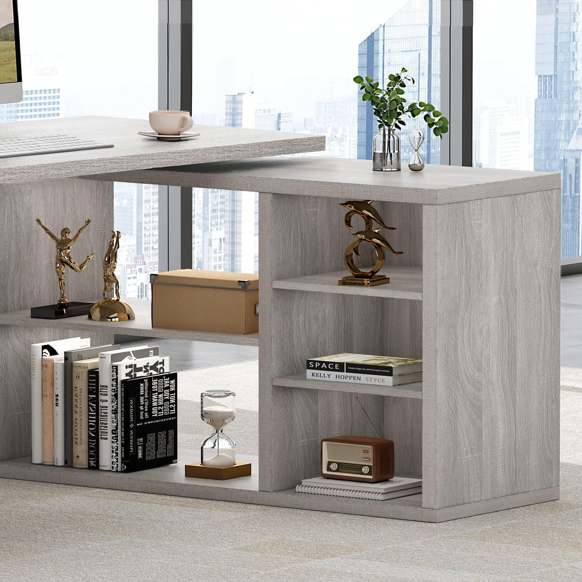 HSH L Shaped Corner Desk, Reversible Computer Desk, Light Grey, 55 Inch