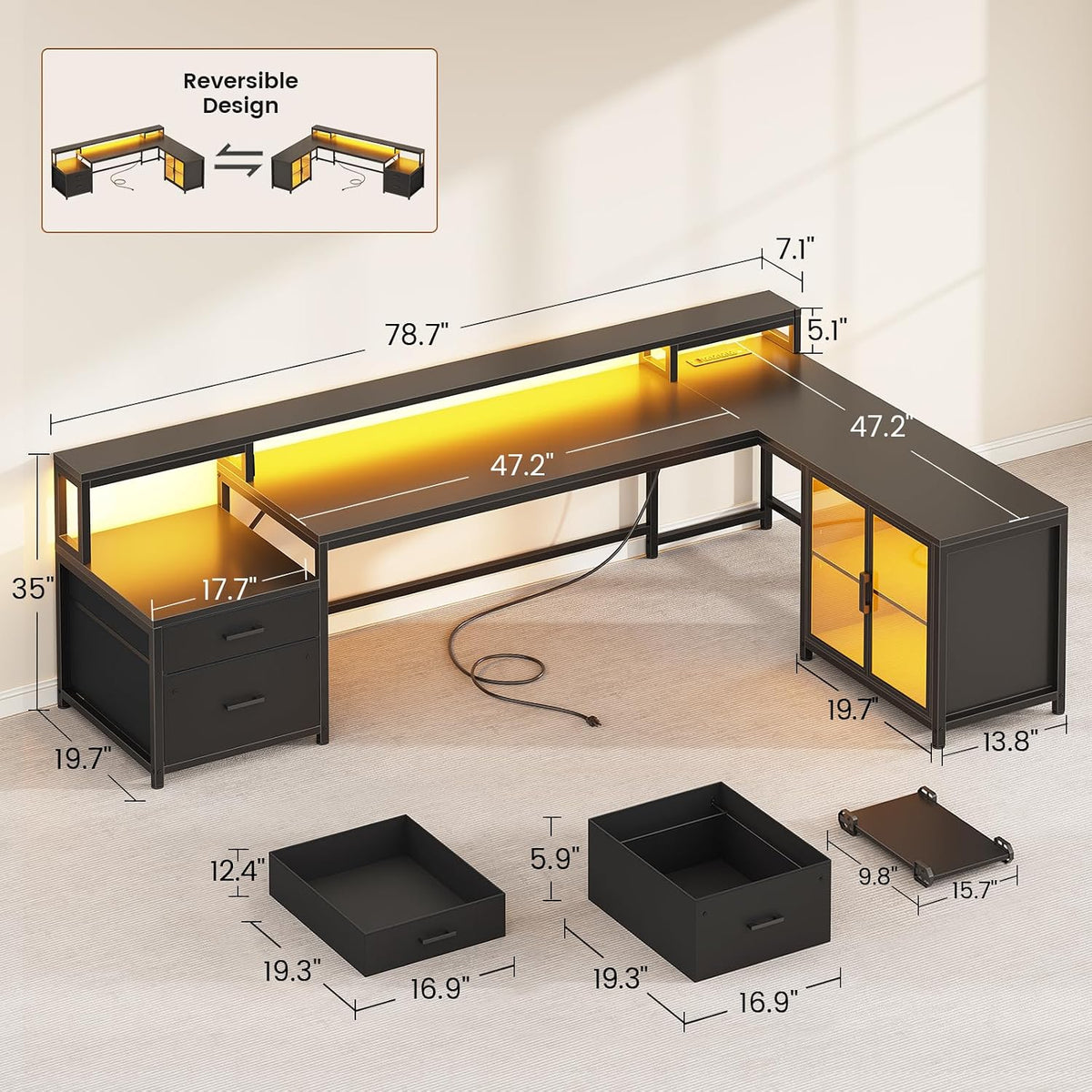 SEDETA 78.7” Large L Shaped Gaming Desk with Drawers, LED Light