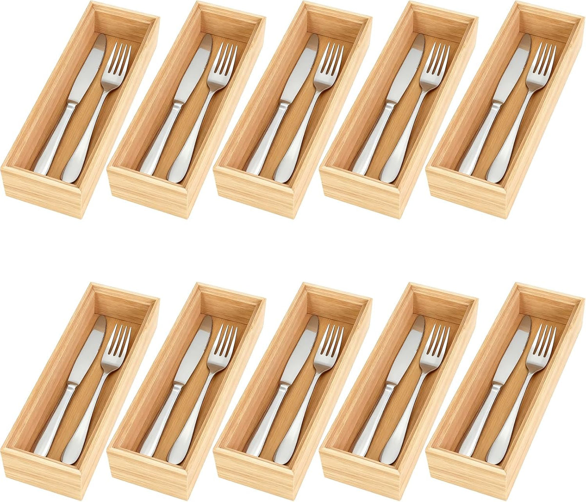 10 Pcs Bamboo Drawer Organizer 9 x 3 x 2 Inch Stackable Bamboo Silverware Tra...