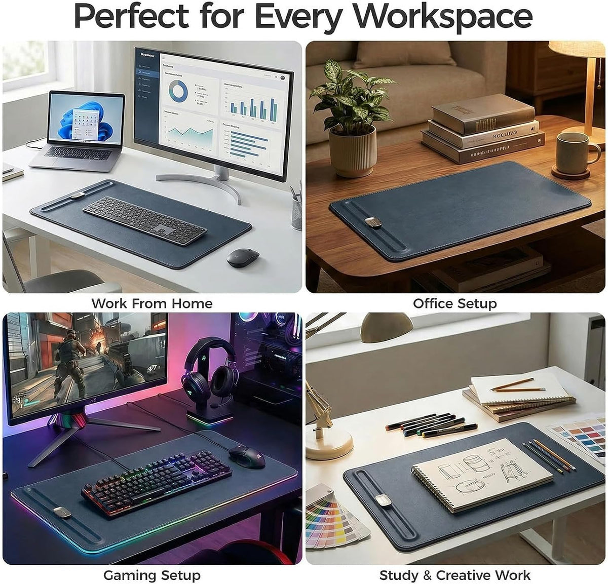 Desk Mat – Double-Sided Vegan Leather & Felt | Built-In Magnetic Cable Or...