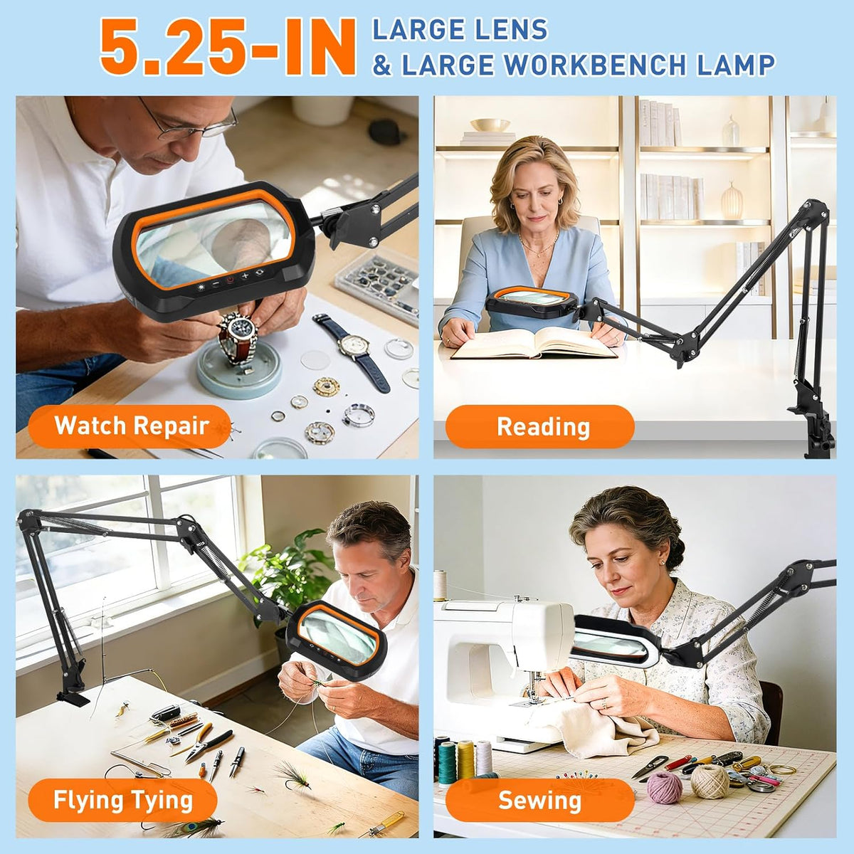 HITTI 12X Square Ultra Long Magnifying Glass with Light and Clamp