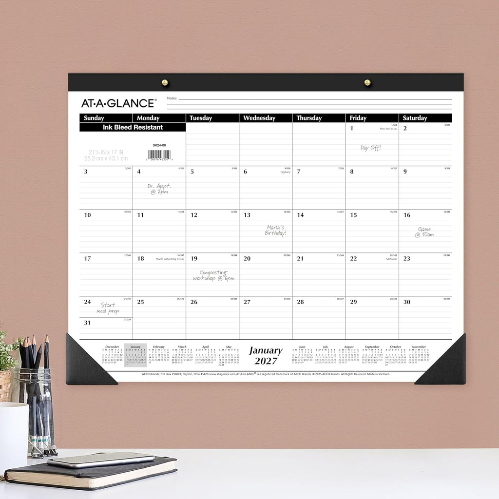 AT-A-GLANCE 2027 Desk Pad Calendar, Monthly Desk Wall Planner, 21.75" x 17", Ruled Blocks (SK240027), White