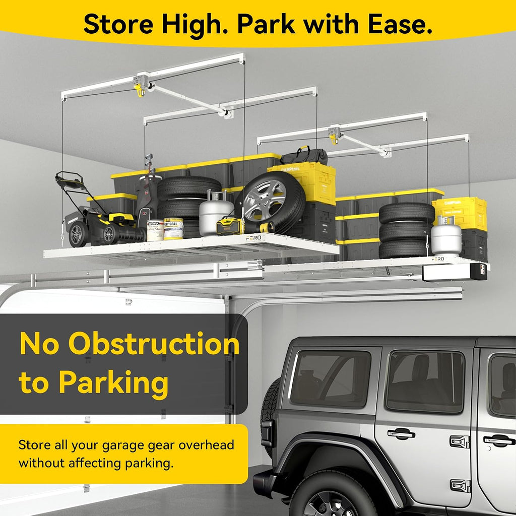 fero overhead garage storage rack 4x8, 500 lb shown in use