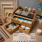 meeden bamboo desk organizer with drawers: storage container shown in use