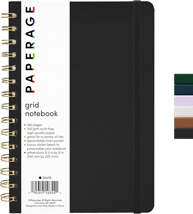 PAPERAGE Graph Paper Spiral Notebook & Journal, 160 Pages, Medium 5.5 inches x by PAPERAGE