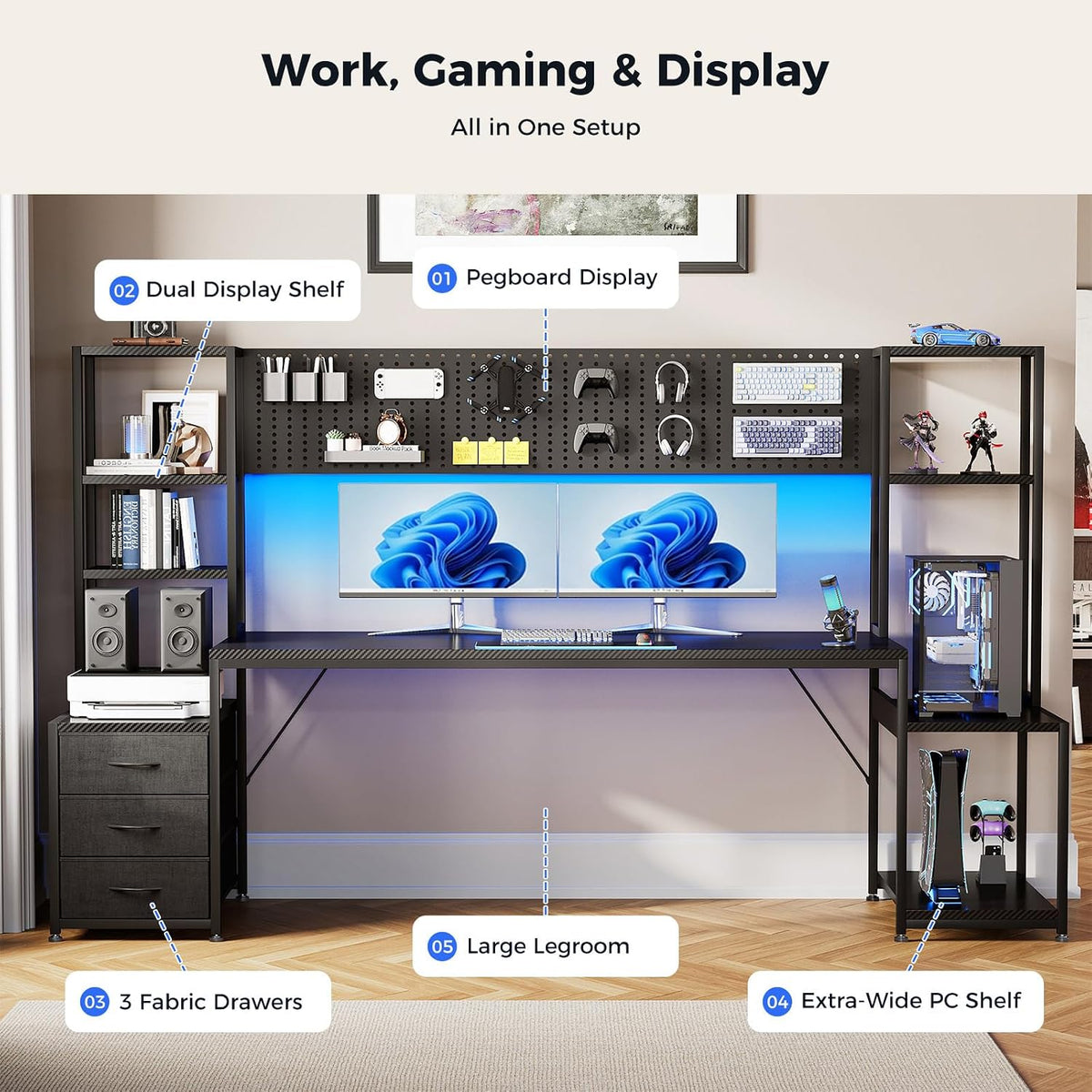 AODK 79 Inch Gaming Desk with Shelves & DIY Pegboard, PC Desk with Drawers